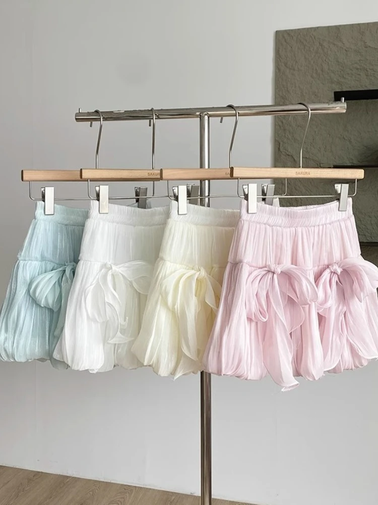 

2025 Summer New Skirt Solid Color High Waist Bow Patchwork Pleated Flower Bud Skirt Korean Fashion Design Sweet Women's Clothing