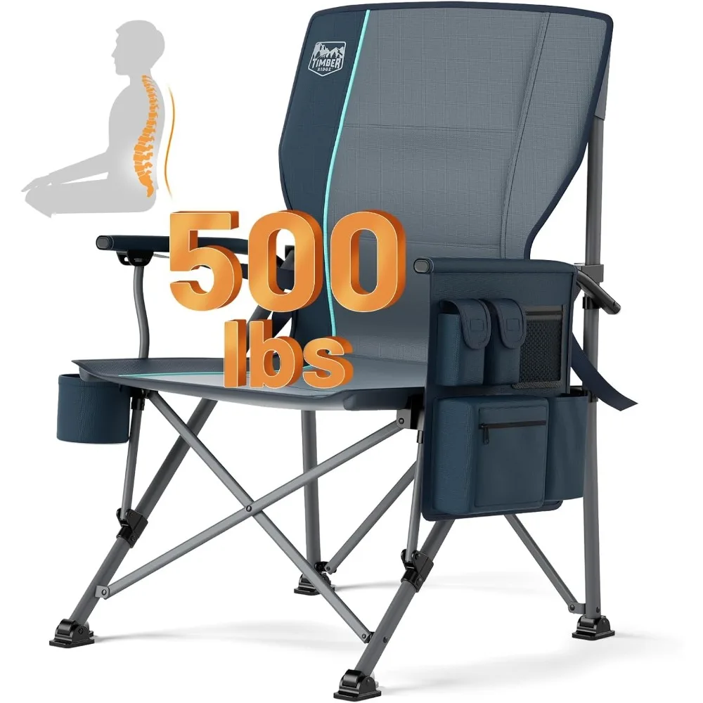 

Oversized Folding Camping Chair with Lumbar Support Adjustable High Back Heavy Duty for Adults Support up to 500lbs with Cup Ho