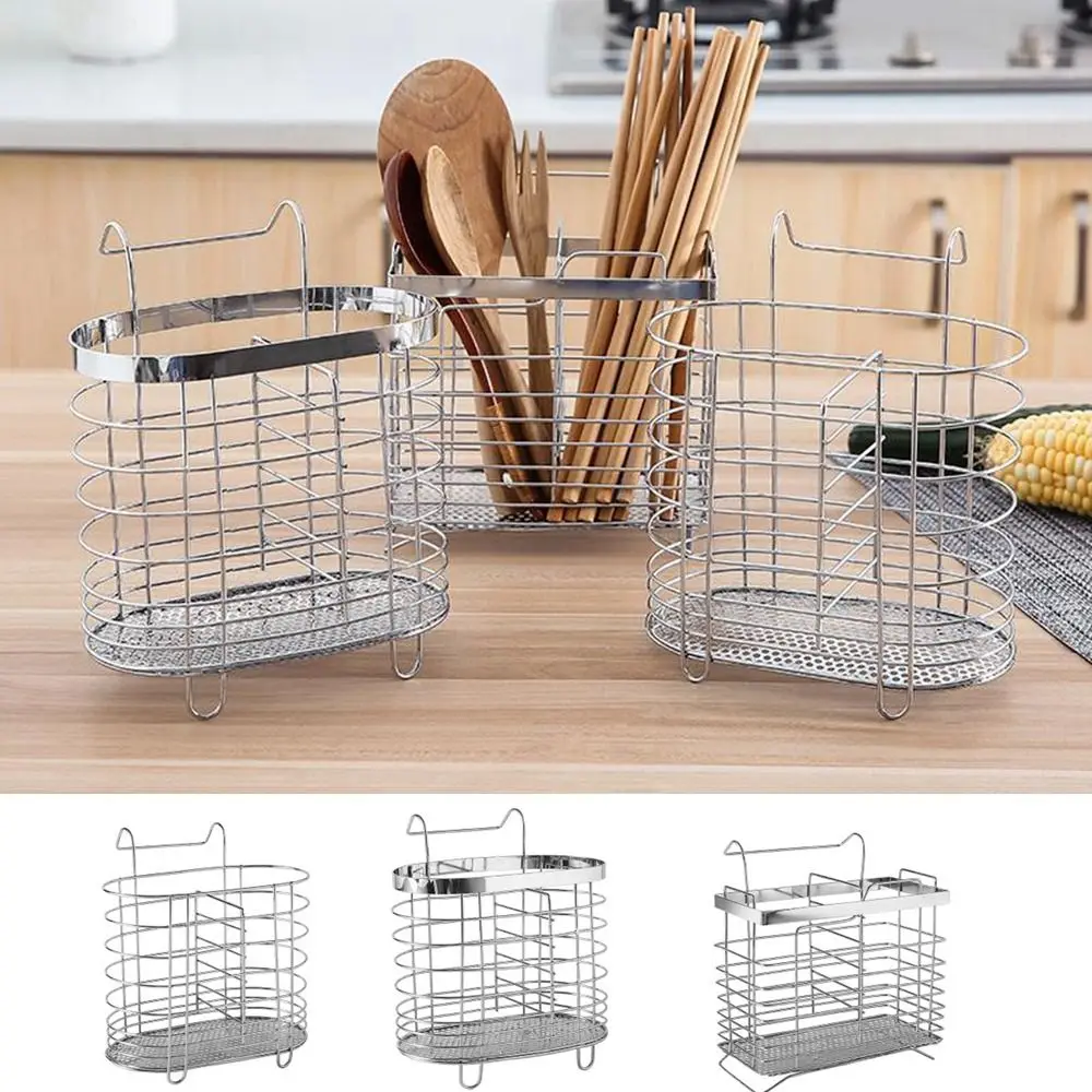 

Metal Stainless Steel Chopsticks Cage Rectangular Internal Compartment Tableware Tube Wall Mounted Draining Cutlery Holder Spoon