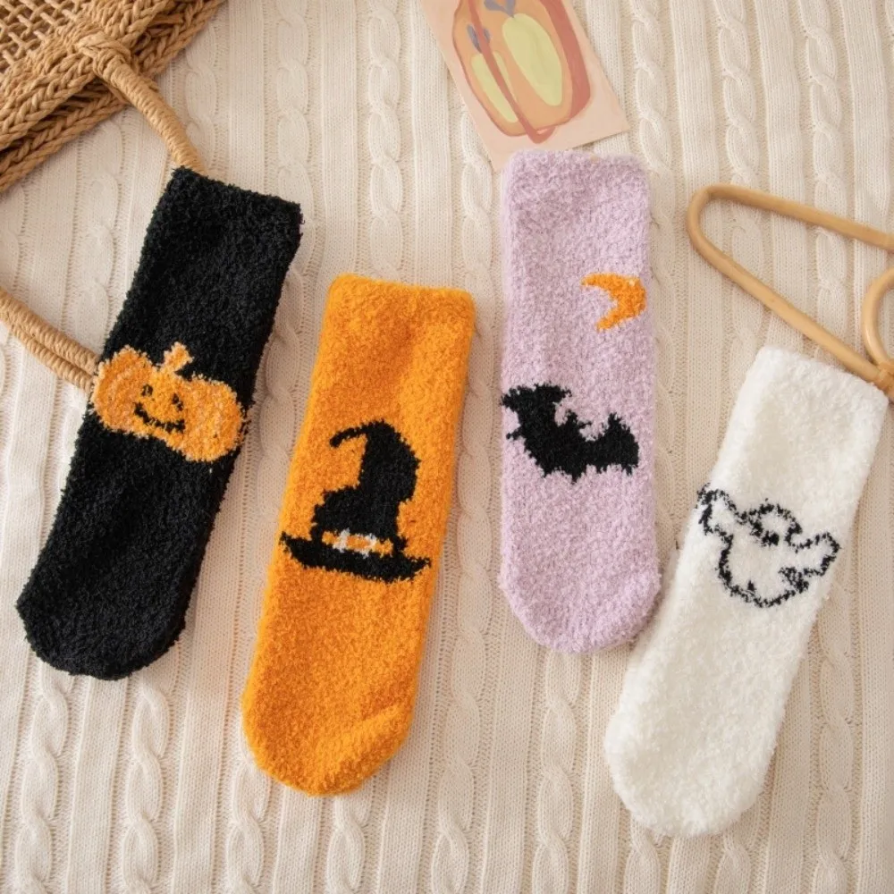 4pairs/set Coral Fleece Halloween Socks Breathable Elastic Pumpkin Wizard Hat Tube Socks Soft Warm Bat Ghost Mid-Calf Socks