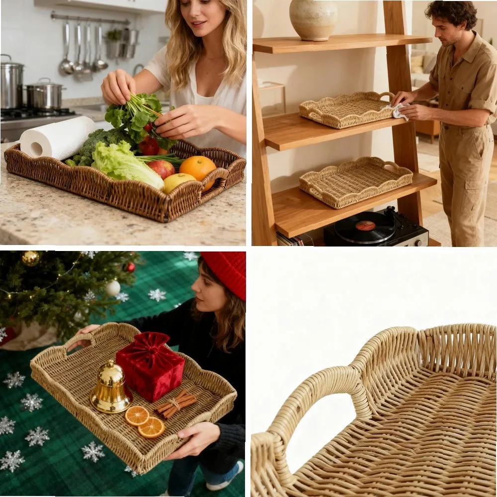 

Woven Tray Imitation Rattan Sofa Decor Decorative Tray Basket For Remote Control Book Breakfast Living Room Bedroom Coffee Table