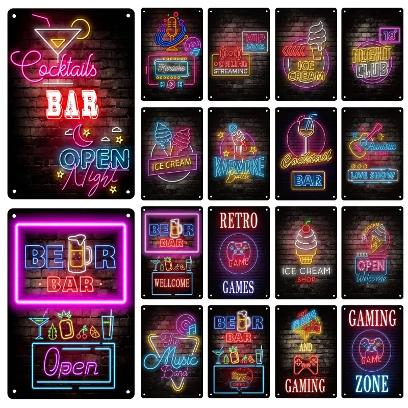 Neon Metal Billboard Rock Music Poster Signage Tin Painting Home Party Bar Club Wall Art Decorative Panel Mural Aesthetic Gift