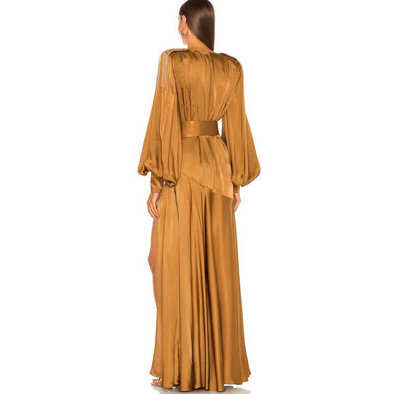 Deep V-shoulder tassel flared sleeves for high-end banquet design, elegant split hem, evening dress