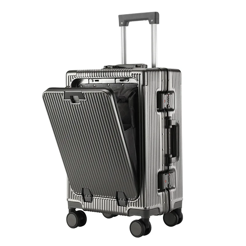 Front open trolley suitcase with cup holder travel luggage pull rod Aluminum frame Large capacity usb charging carry on suitcase