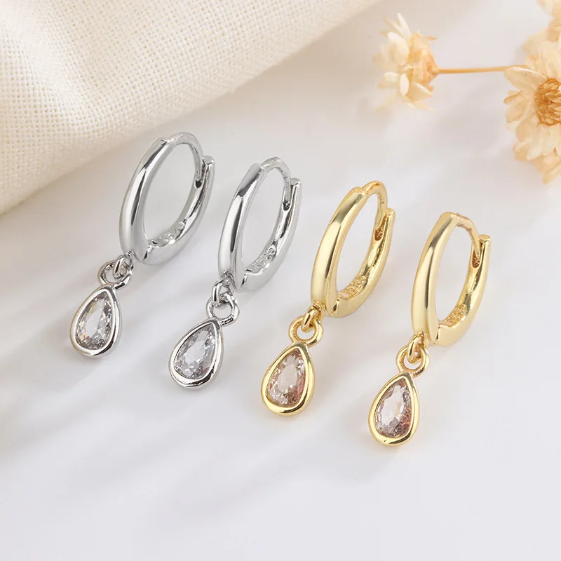 New Temperament Gold Color Water Drop Zircon Dangle Earrings for Women Charm Stainless Steel Korean Hoop Jewelry Accessories