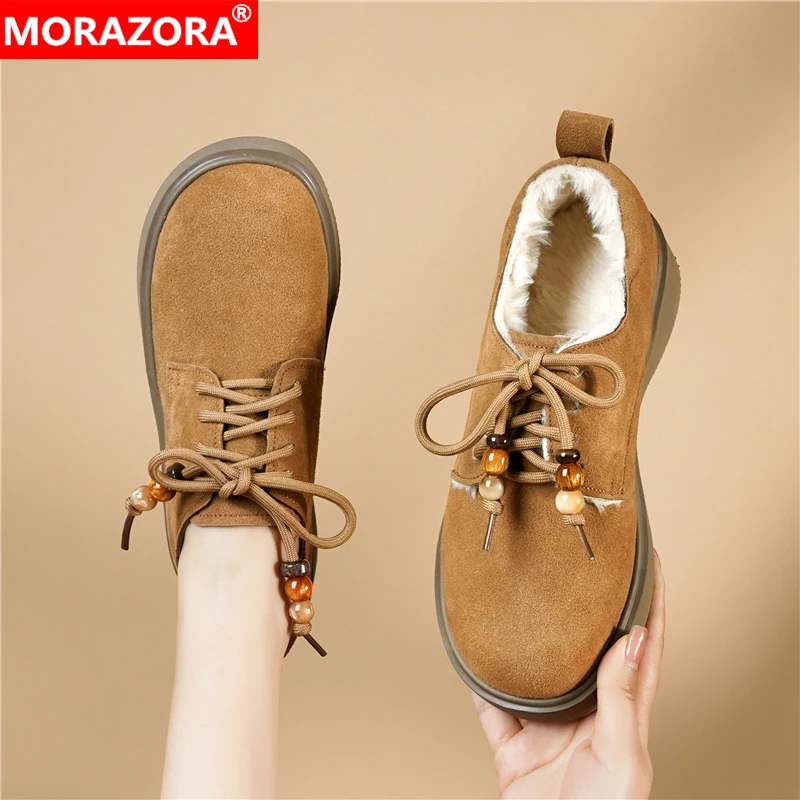 

MORAZORA 2026 New Winter Single Shoes Woman Cow Suede Lace Up Platform Casual Shoes Brown Black Ladies Sneakers Fashion Shoes