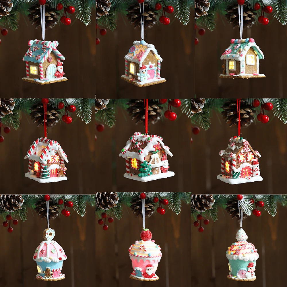 3 قطعة/المجموعة عيد الميلاد متوهجة لطيف بيت الحلوى زخرفة معكرون قبة الزنجبيل رجل سانتا كلوز ثلج منزل شجرة عيد الميلاد المعلقات
