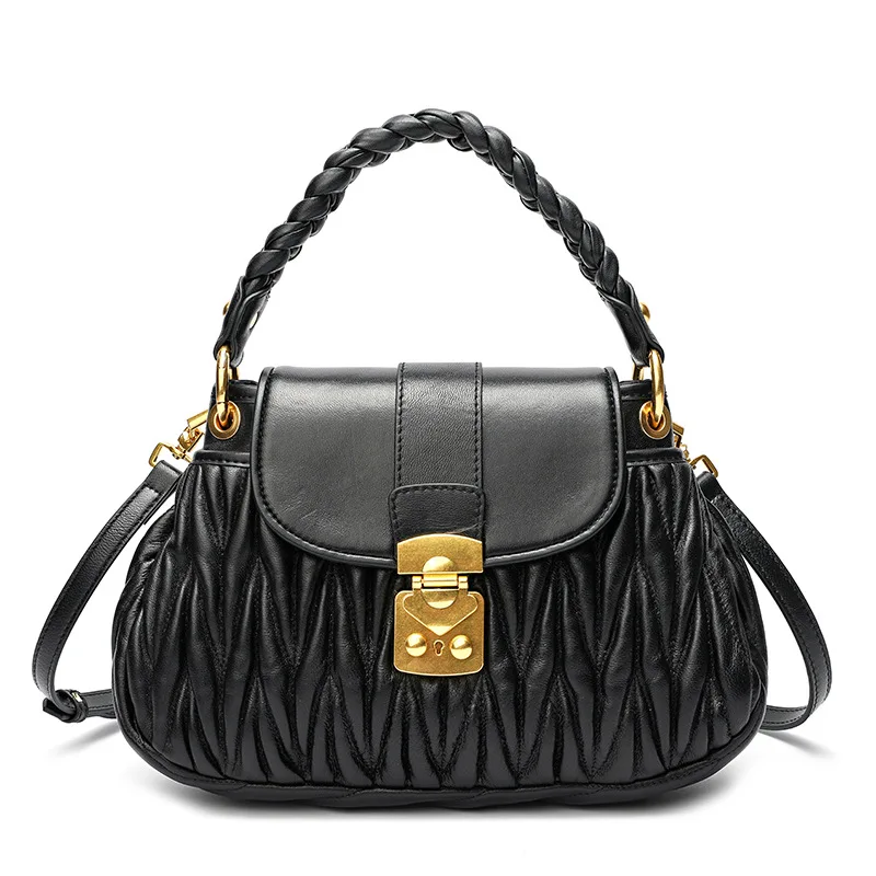 

Luxury Crossbody Bags For Women High Quality Sheepskin Pleated Woven Top Handle Shoulder Bag 2024 New In Elegant Trend Handbag