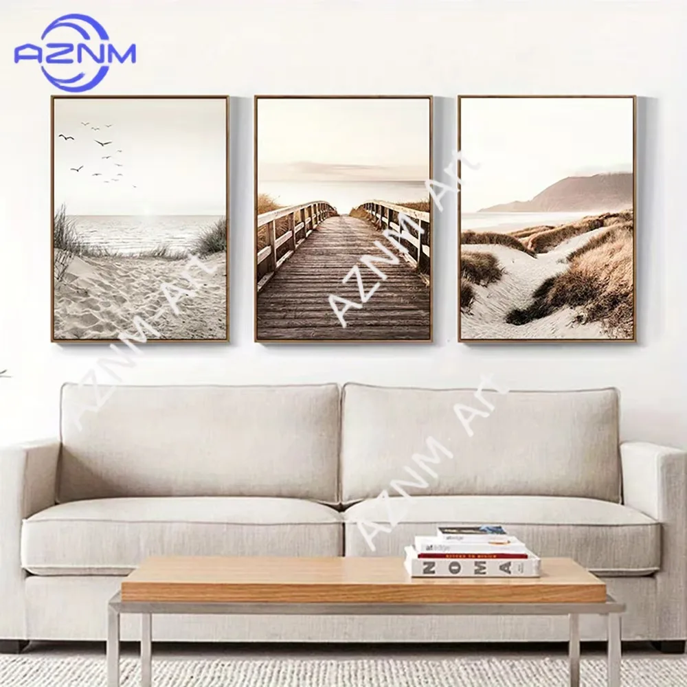1 Stück/3 Stück Natur-Seelandschaft Leinwandgemälde Gras Brücke Strand Sonnenuntergang Wandkunst Poster Moderne Nordische Drucke Bild Heimdekoration