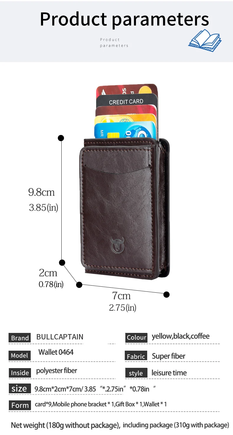 Bullcaptain Credit Card Holder Men Wallet RFID Blocking Protected Aluminium Box Leather Wallets with Money Clip Card Holder