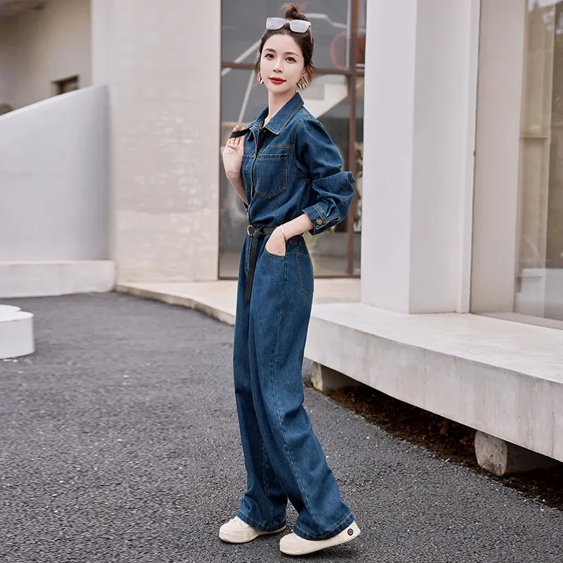 Women Denim Jumpsuits Autumn One-piece Pants Jeans Casual Waist Slimming Wide Leg Pants High Waist Belt Loose Pocket Long Sleeve