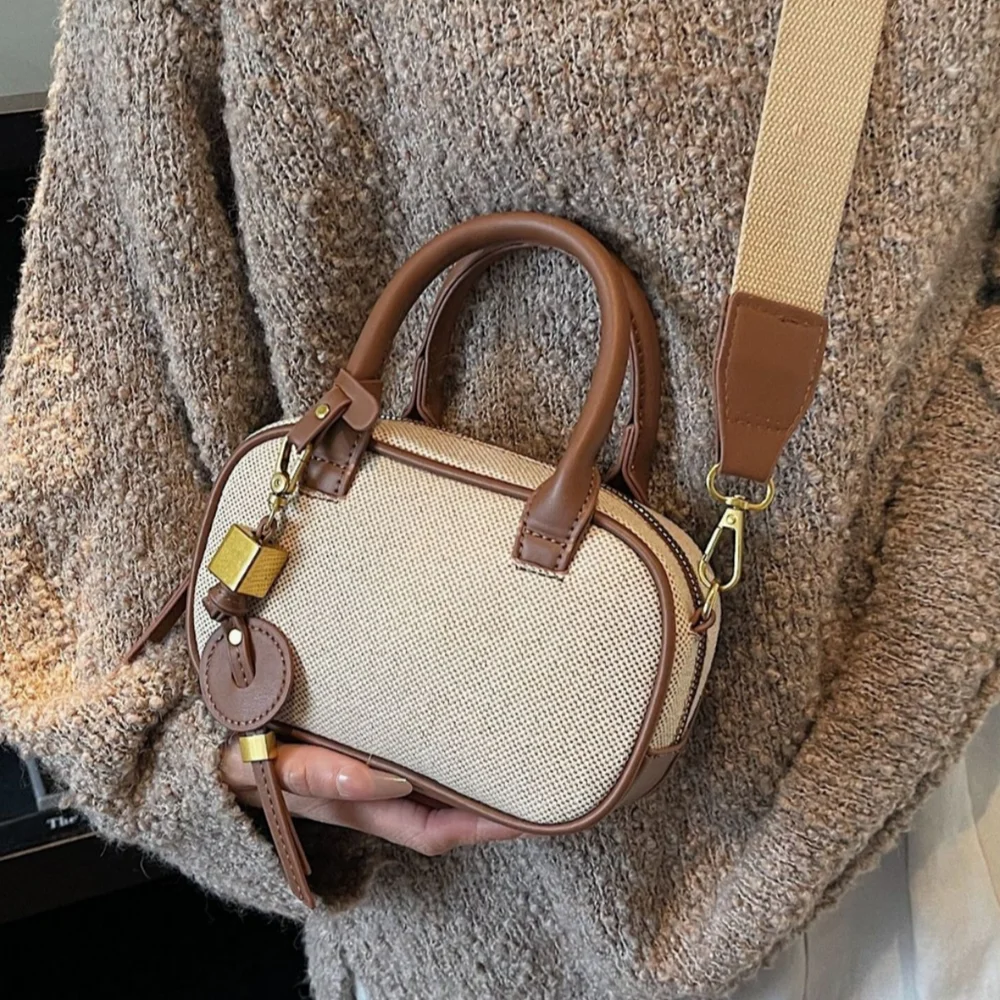 

New Niche Retro Color-blocking Hand-held Small Bag, Stylish Crossbody Canvas Pu Small Square Bag, Single-shoulder Bowling Bags