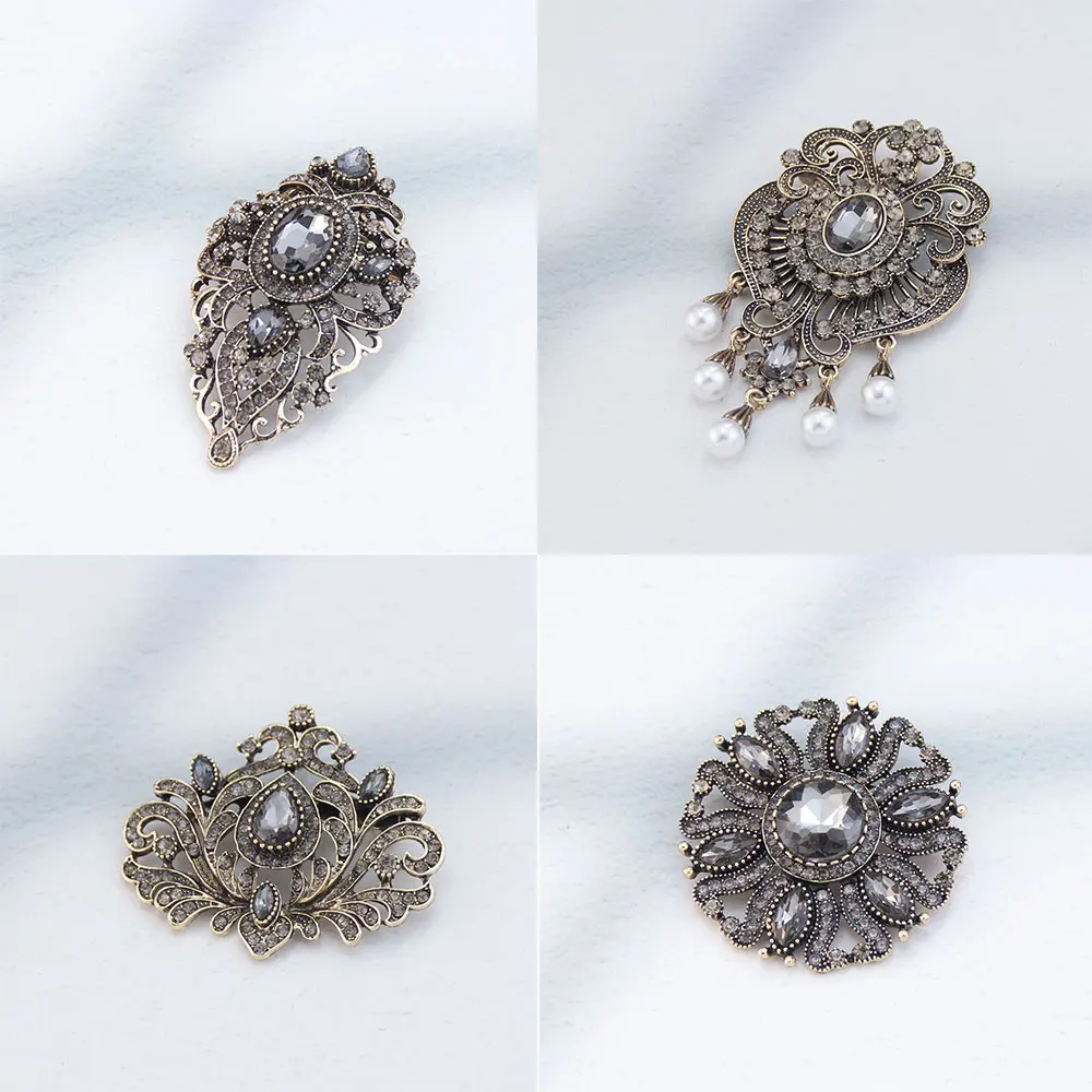 Sunspicems Broche Retro Vintage para Mujer, Estilo Indio Turco, con Cristal Gris, Pin para Hiyab, Color Oro Antiguo, Joyería Nupcial Árabe