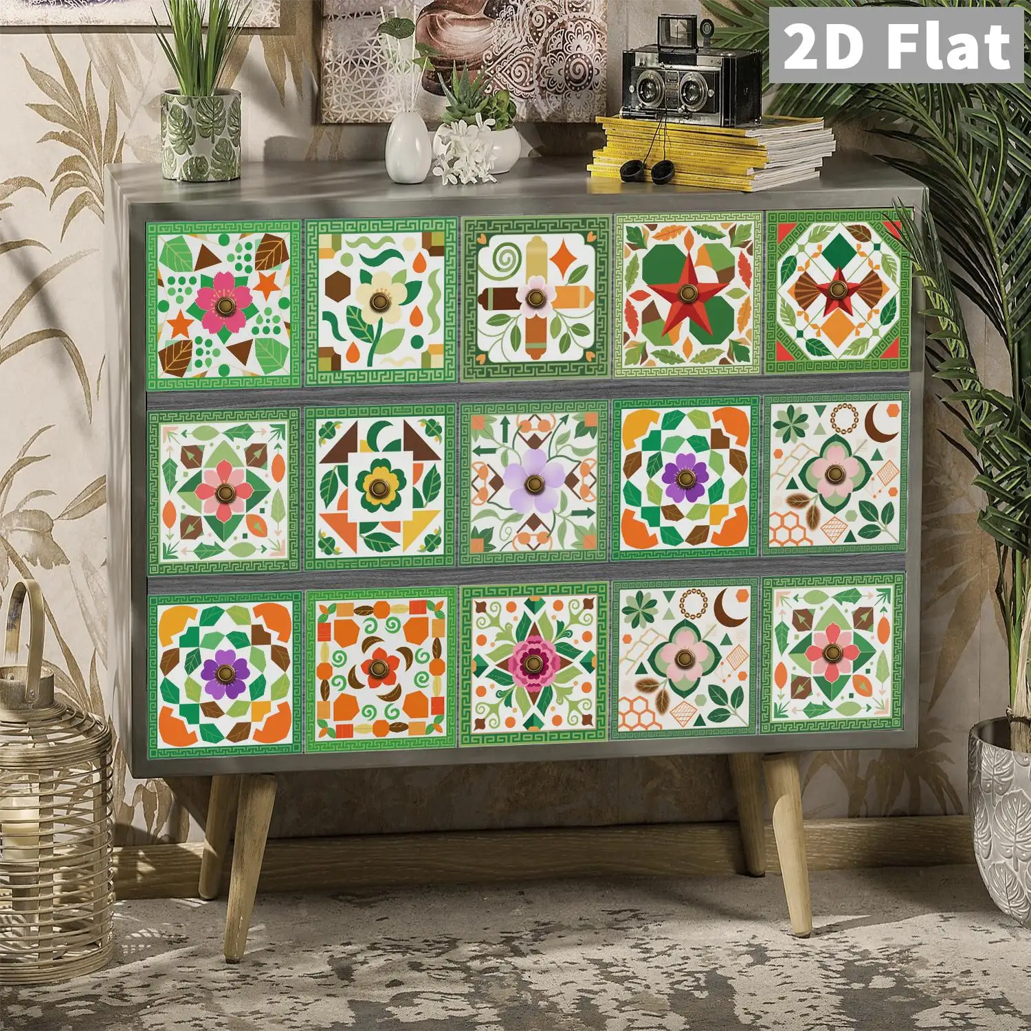 

Green style countryside retro flower tiles, ceramic tile stickers, kitchen living room background wall decoration stickers