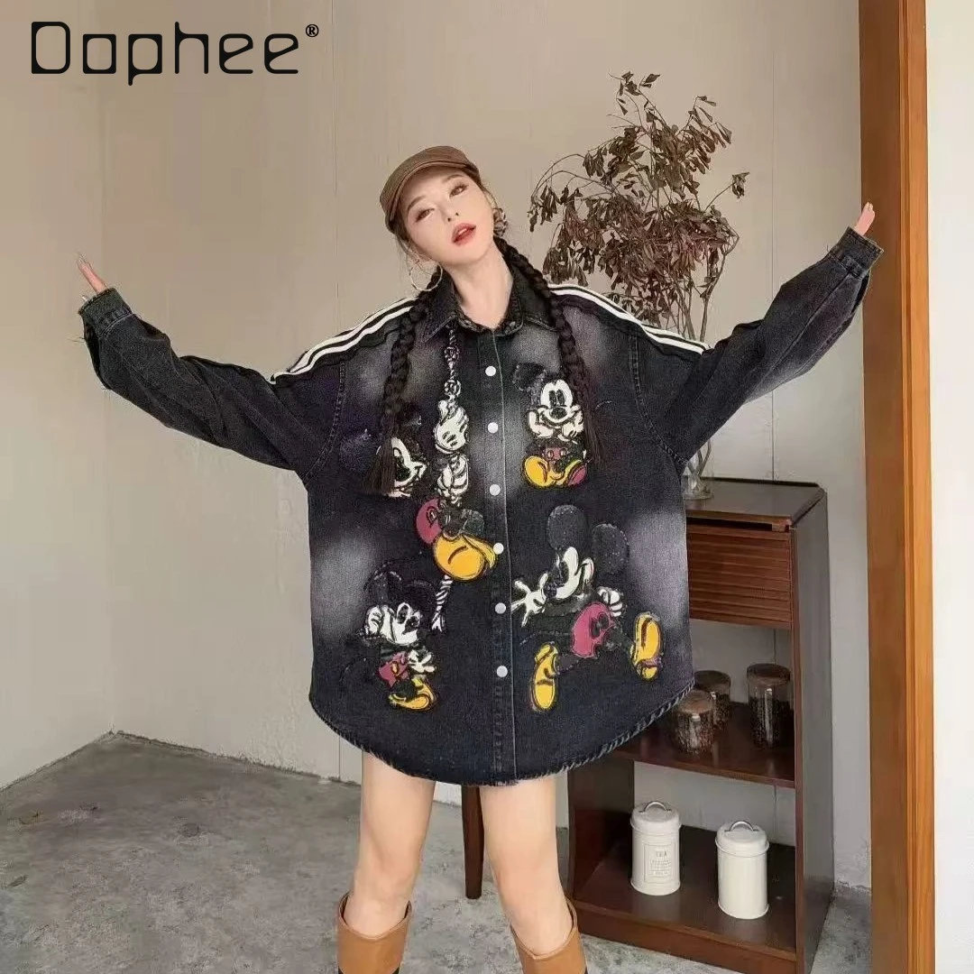

European Fashion Brand Cartoon Print Denim Jacket Heavy Patchwork Sequins Fashion Long Sleeve Top Denim Jacket Women