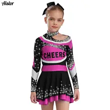 Kids Girls Cheerleading Uniform Outfits Long Sleeve Letter Print Rhinestones Shirt Top+Skirt+Headwear+Striped Socks+Flower Balls