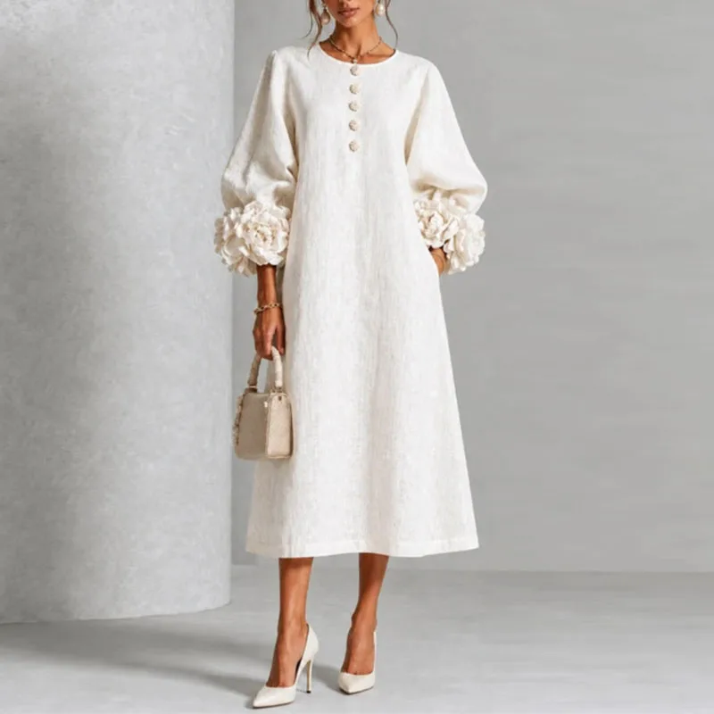 Women 3D Floral Cuff Decor Maxi Dresses O Neck Puff Long Sleeve Button Loose A‑Line Dress Elegant Vacation Office Casual Dresses