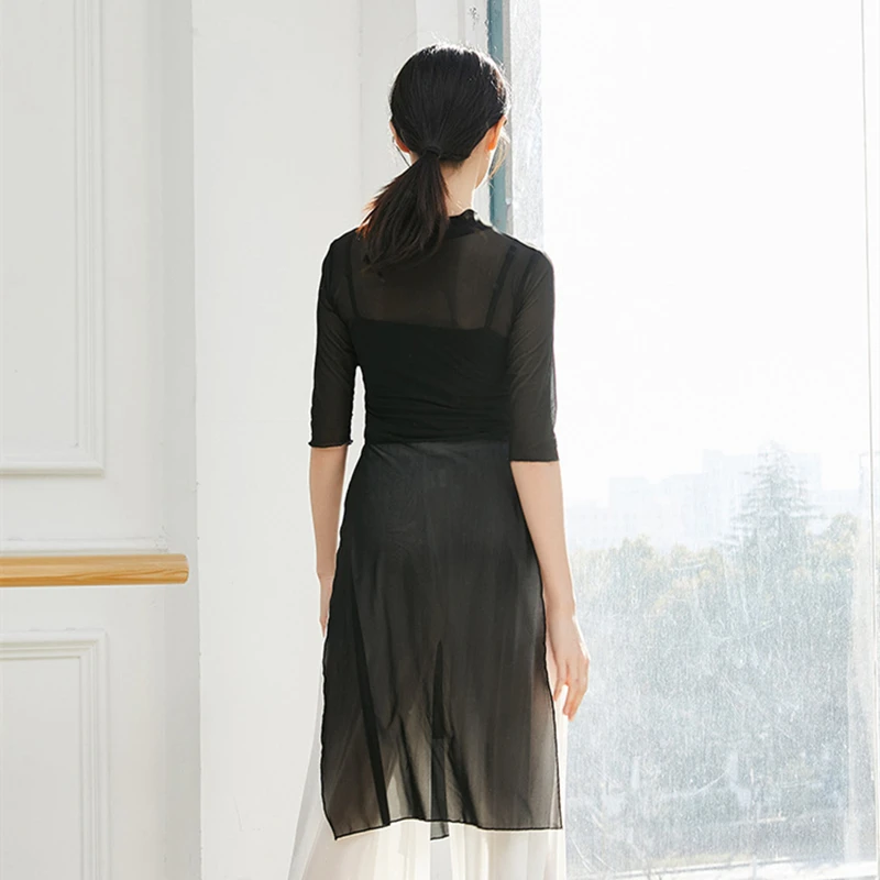 Modern Dance Top Women Side Split Bilayer Front Gauze Sheer Middle Shirt Blouse See Through Body Rhyme Folk Hanfu Practice Tops