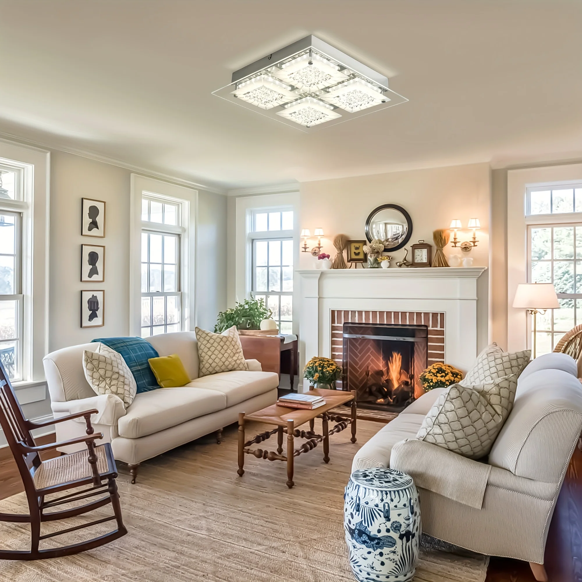 โคมไฟเพดานคริสตัลฟลัชเมาท์ 14 นิ้ว โคมไฟเพดานคริสตัล โคมไฟคริสตัลสี่เหลี่ยม โคมไฟคริสตัลติดเพดาน