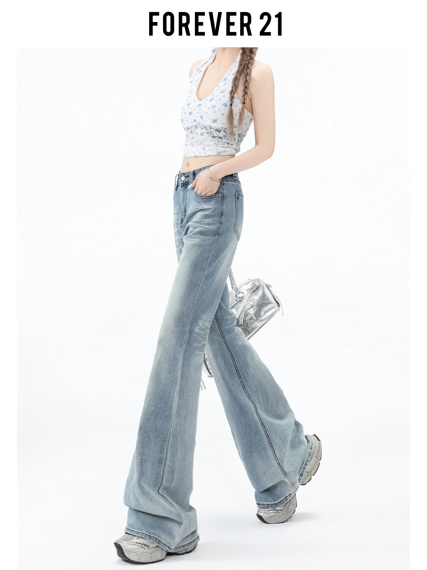 Jeans Micro Acampanados Retro Americanos Azules Forever 21 para Mujer, de Cintura Alta, Pierna Recta, Estilo Casual, Azul Medio
