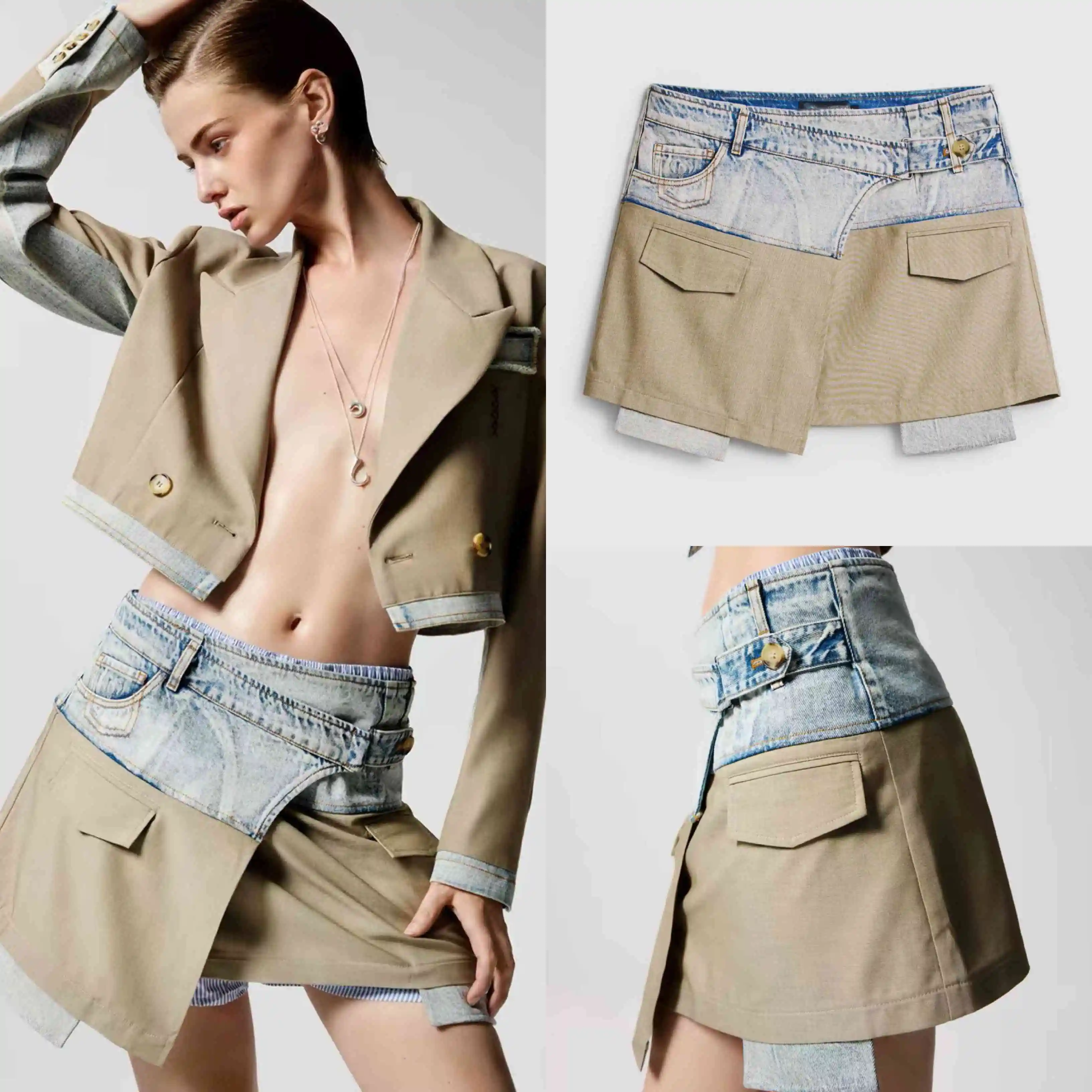 

Foreign trade Spain original single color collision splicing denim asymmetrical design short skirt fashion