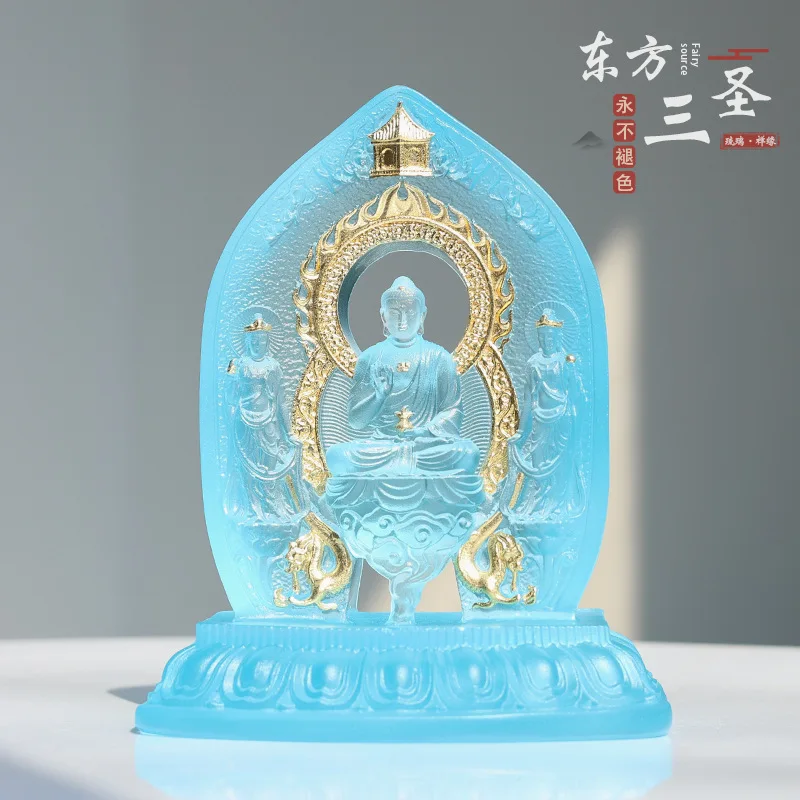 YFY Glazed Oriental Three Saints One Buddhist Hall is dedicated to Medicine Buddha Sun   Home Buddha Living Room Ornament
