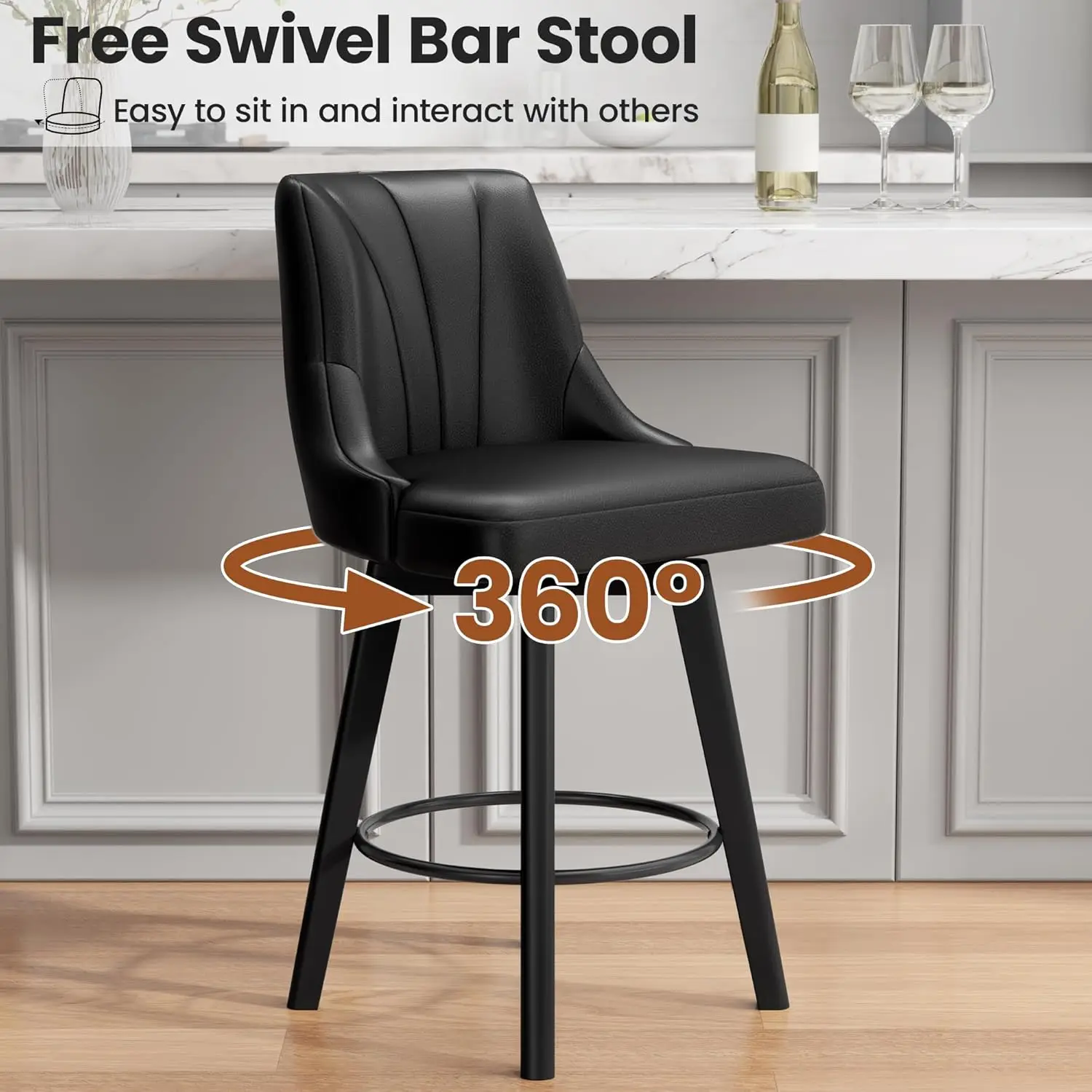 Counter Height Swivel Bar Stool Set of 3, Black Upholstered PU Leather with Back & Solid Wood Legs