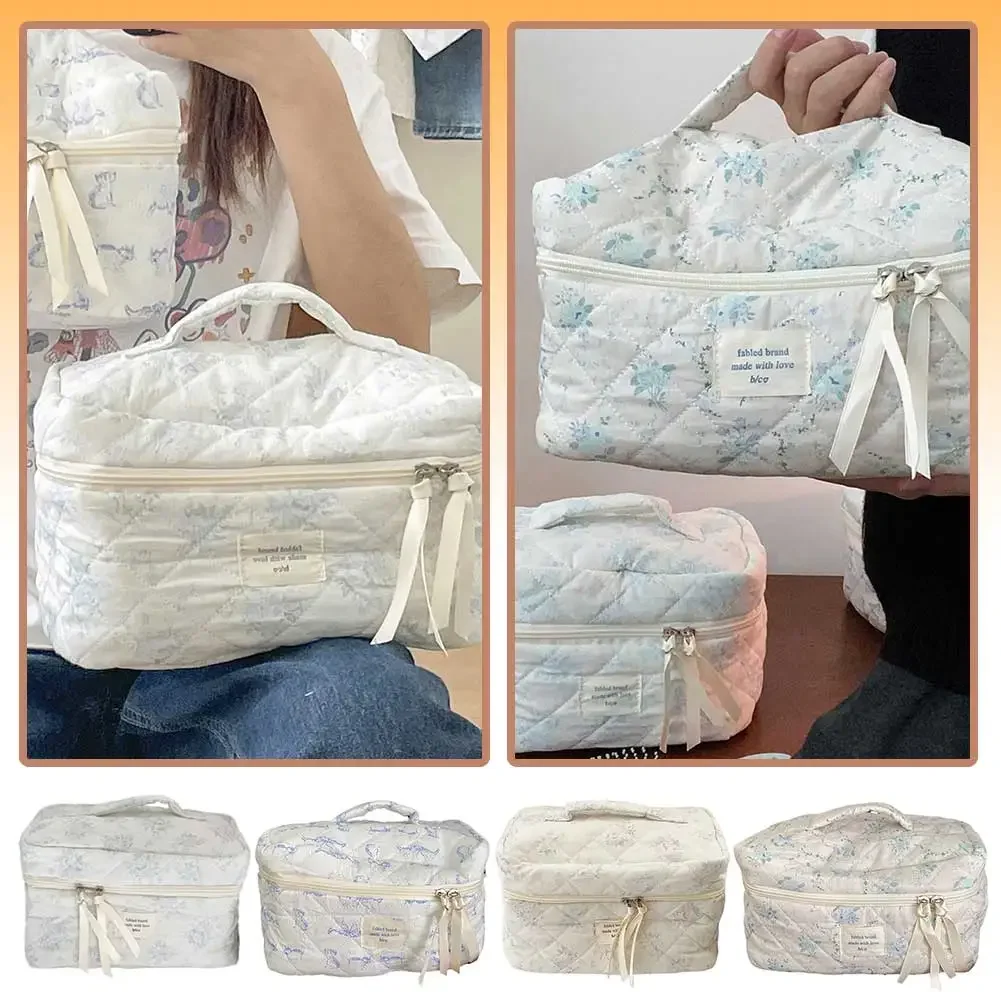 Borsa per cosmetici da donna borsa per trucco trapuntata di grande capacità borsa per cosmetici portatile estetica borsa da toilette floreale