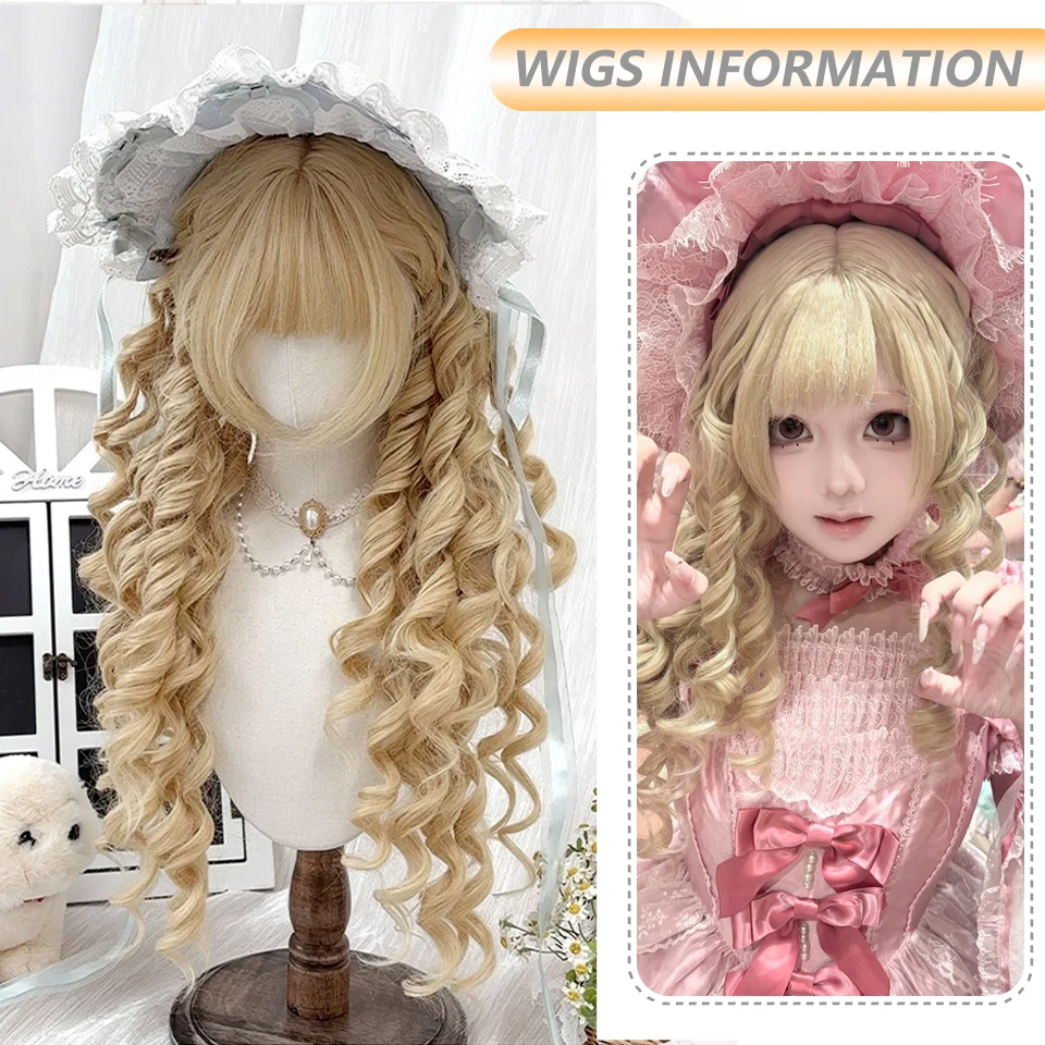 Goldene Tiefwellen-Lolita-Perücke mit Pony, Synthetische Gold-Rosa-Braune Lange Lockige Cosplay-Perücke für Frauen, Halloween-Party und Alltag – Detail 3