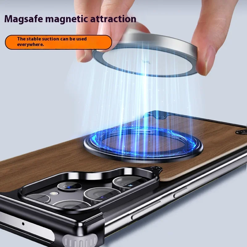 For Samsung Galaxy S24 Ultra Case 360° Rotating Ring Stand Magnetic MagSafe Walnut Wood Metal alloy Framework Protective cover