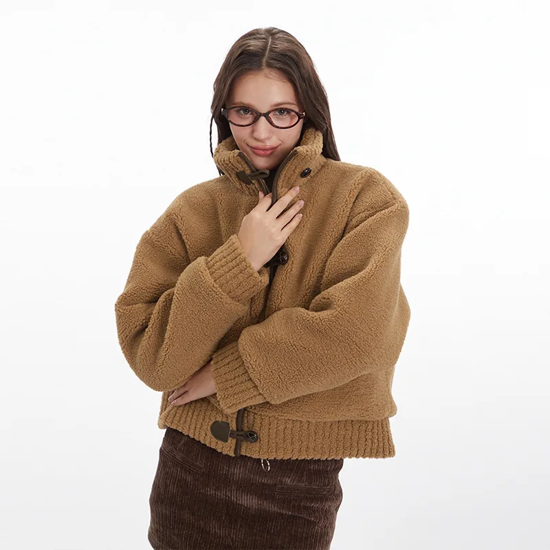 Col montant fausse fourrure veste simple boutonnage blanc manteau en peluche Faux agneau chaud épais Patchwork fourrure vestes moelleux ample élégant