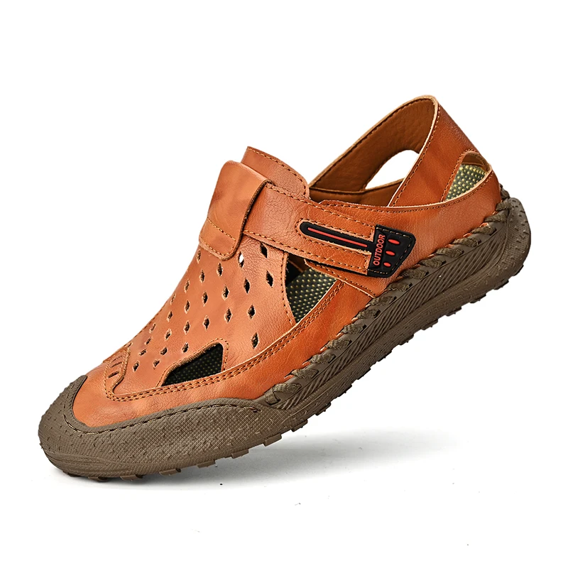 Sandalias de cuero para hombre, zapatos de malla transpirables, ligeros e informales, para exteriores, para la playa, a la moda, talla grande, verano 2023