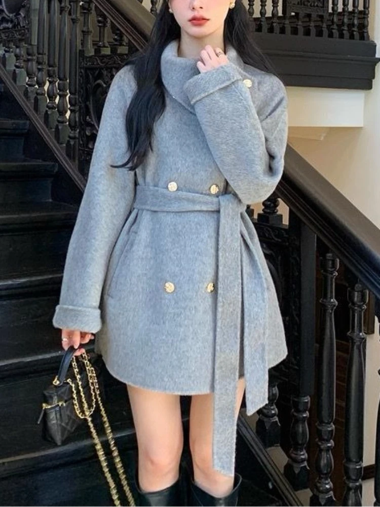 

Autumn Y2k French Elegant Vintage Women's Coat Chic Slim Fit Soiled Warm Office Lady Lace-up Design Overcoat Outside Windbreaker