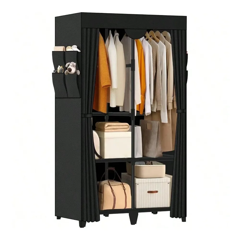 

Шкаф для одежды, быстрая и простая сборка, черный портативный шкаф с 2 штангами для подвешивания, 4 полками для хранения и 8 боковыми карманами, прочный и устойчивый.