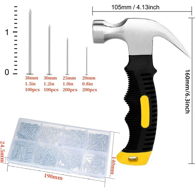 B47B-601 قطعة مجموعة متنوعة من الأظافر ومطرقة صغيرة، وأظافر لتعليق الصور، وأظافر للجدار، وأظافر معلقة للصور
