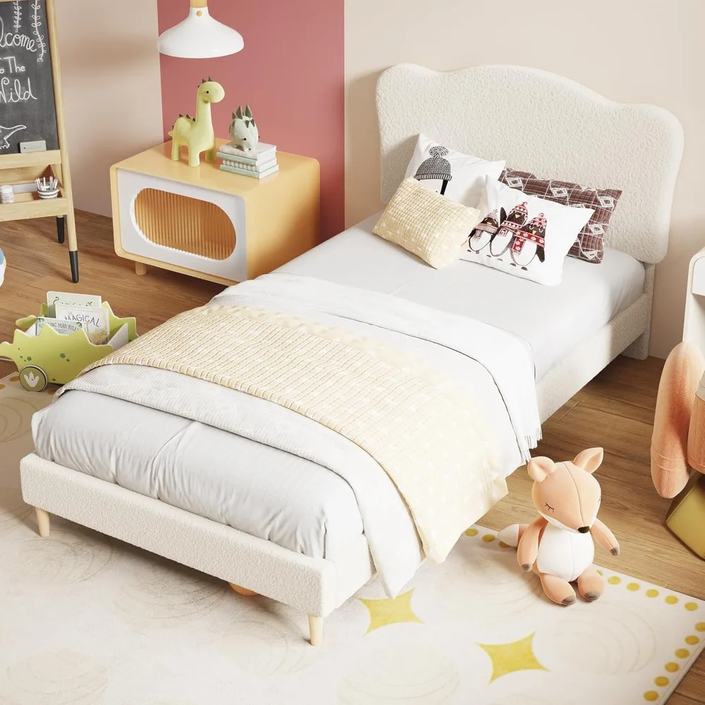 Struttura letto imbottita per bambini con testiera smerlata, grazioso letto singolo in velluto per ragazze, ragazzi, piattaforma robusta