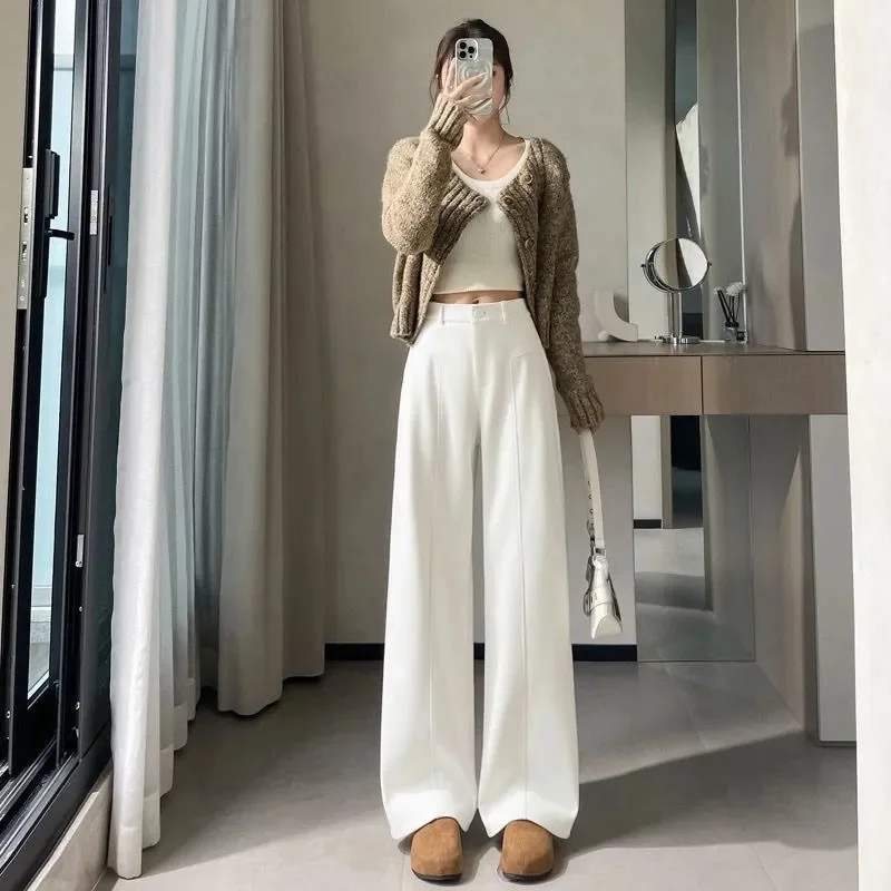 

Женские теплые вязаные широкие прямые брюки с высокой талией для женщин, однотонные свободные широкие брюки