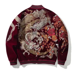 Boy Men Sukajan Souvenir Jackets Coiled Dragon Peony Embroidered Loose Coats Hip Hop Streetwear Red Black Stripe High Street