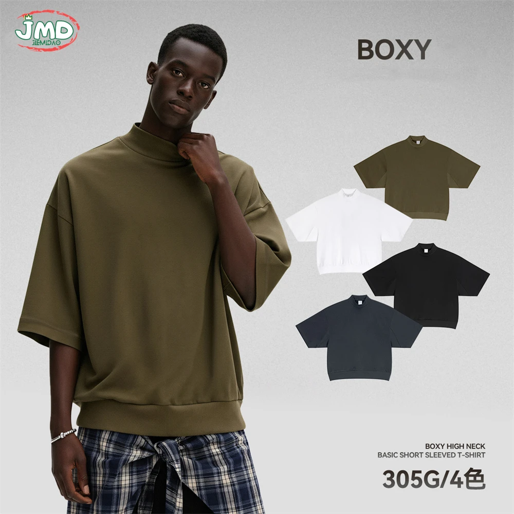 JMD Fashion 2026 Summer Mock Neck Cotton T Shirt For Men Unisex Retro Boxyfit 305gsm T-Shirts Brand Tops QH0011