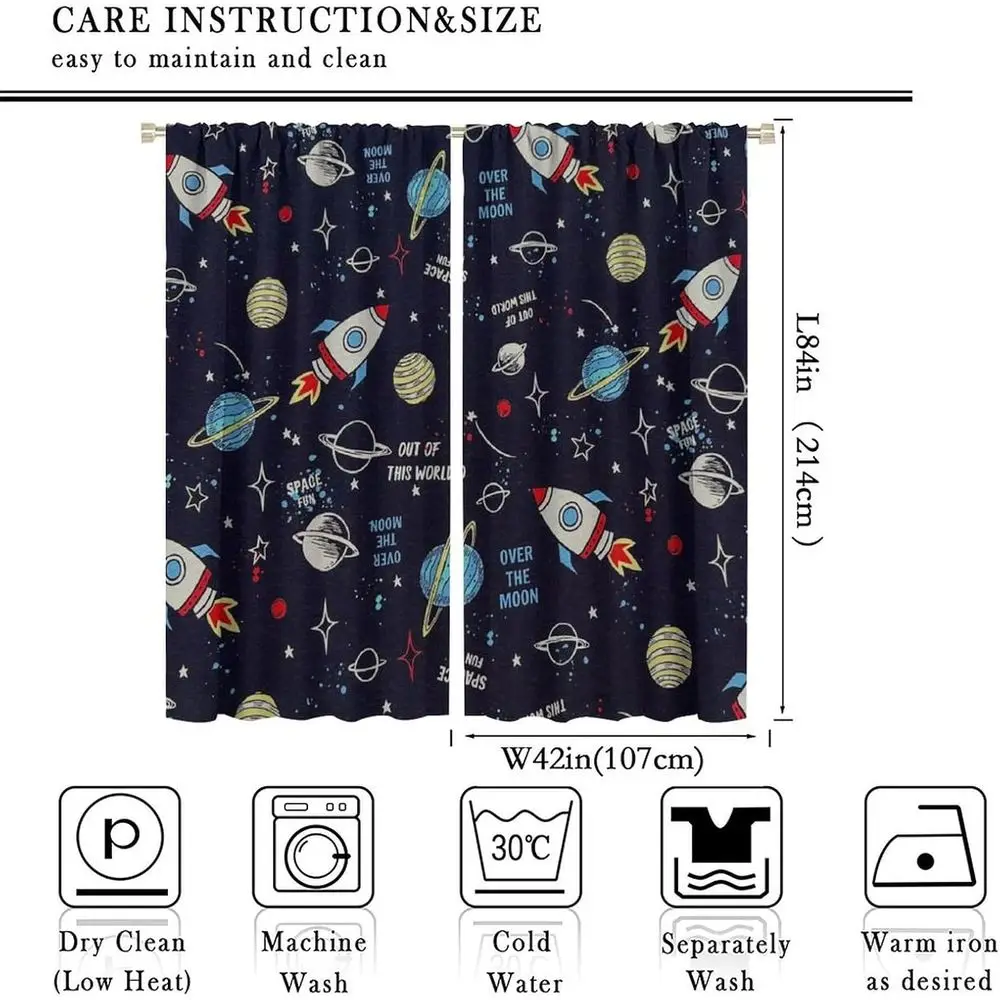 Space-Themed Blackout Curtains for Living Room or Kids' Bedroom, 2 Panels, 84x84 Inches