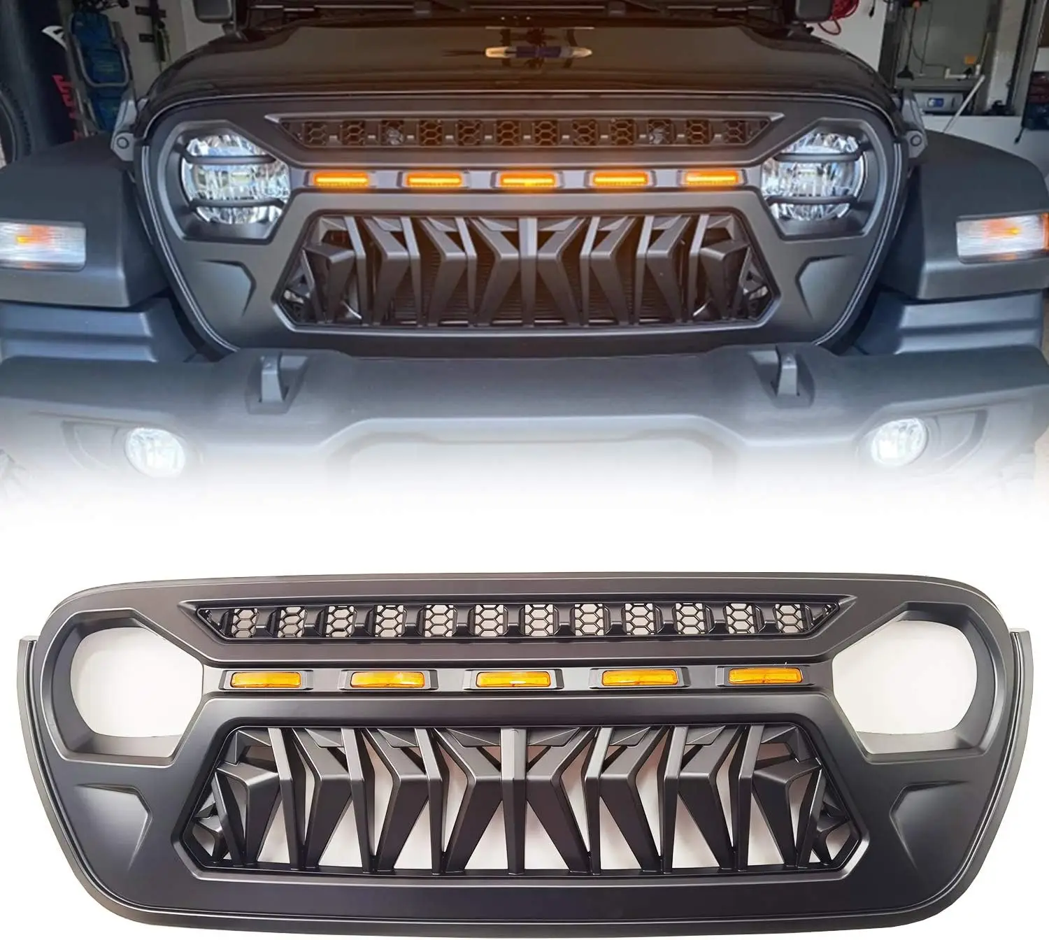 

Mesh Grille Front Grill Cover Matte Black with Amber LED Running Lights for 2018 and Up Jeep Wrangler JL JLU JT Gladiator