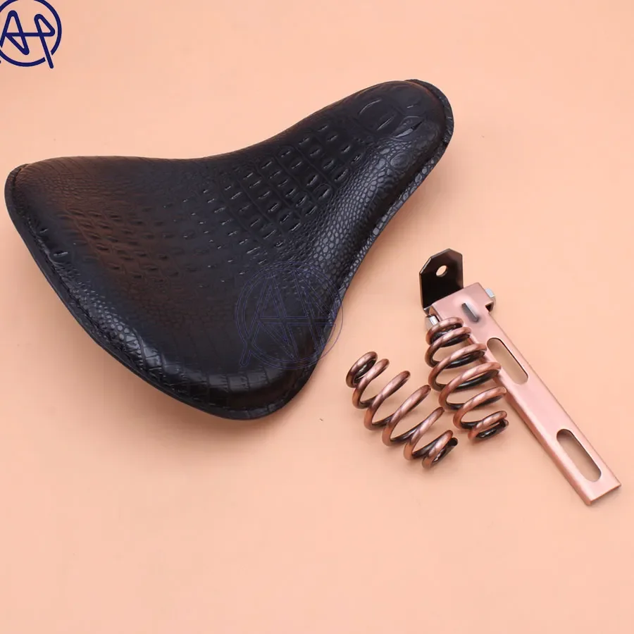 For Cafe Harley Custom Chopper  Motorcycle Retro Old School Crocodile Leather Style Solo Saddle Seat+3