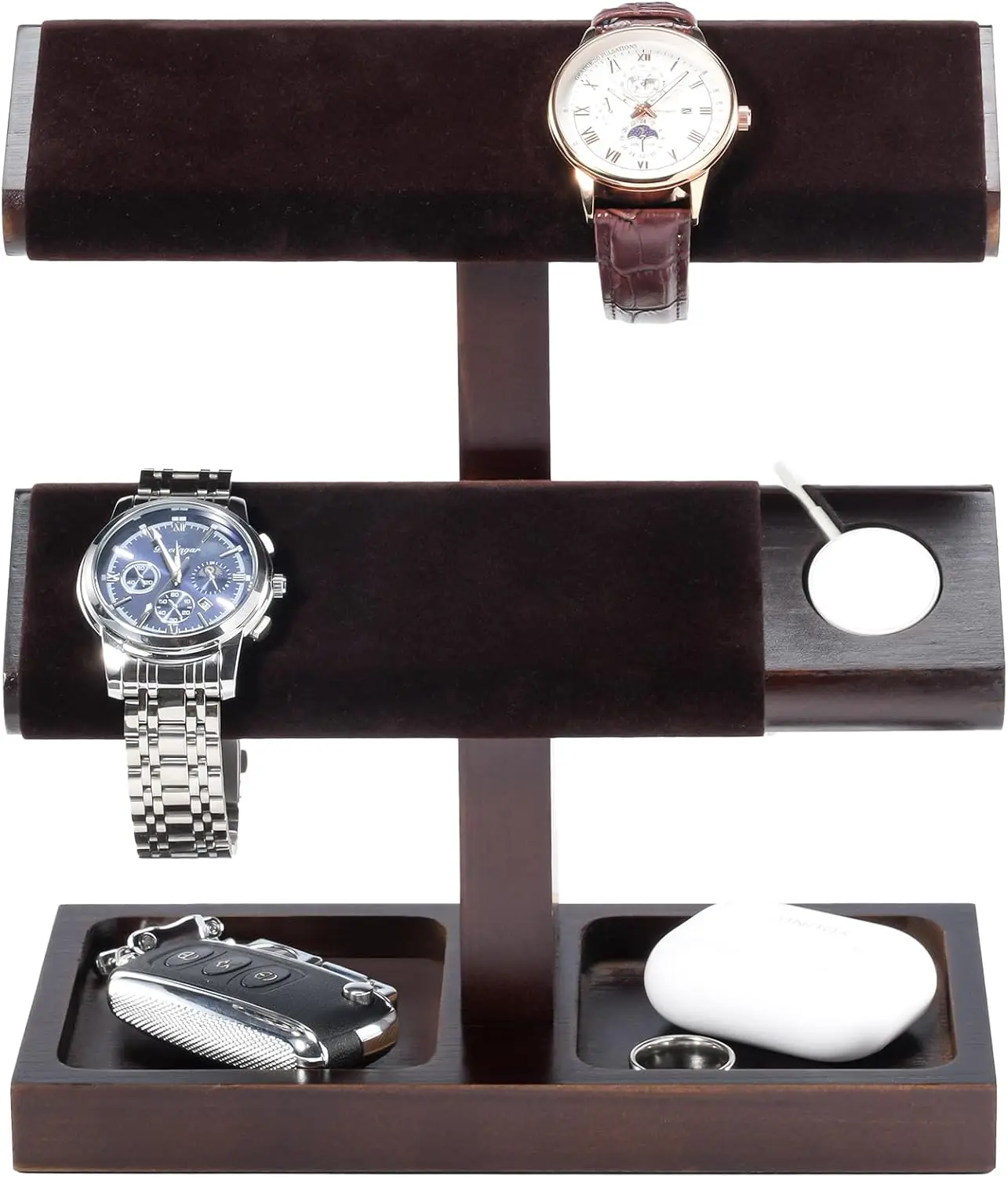 

Wood Watch Display Stand with T-Bar for Men, Holds 4 or 8 Wristwatches, Velvet Lined for Scratch Protection