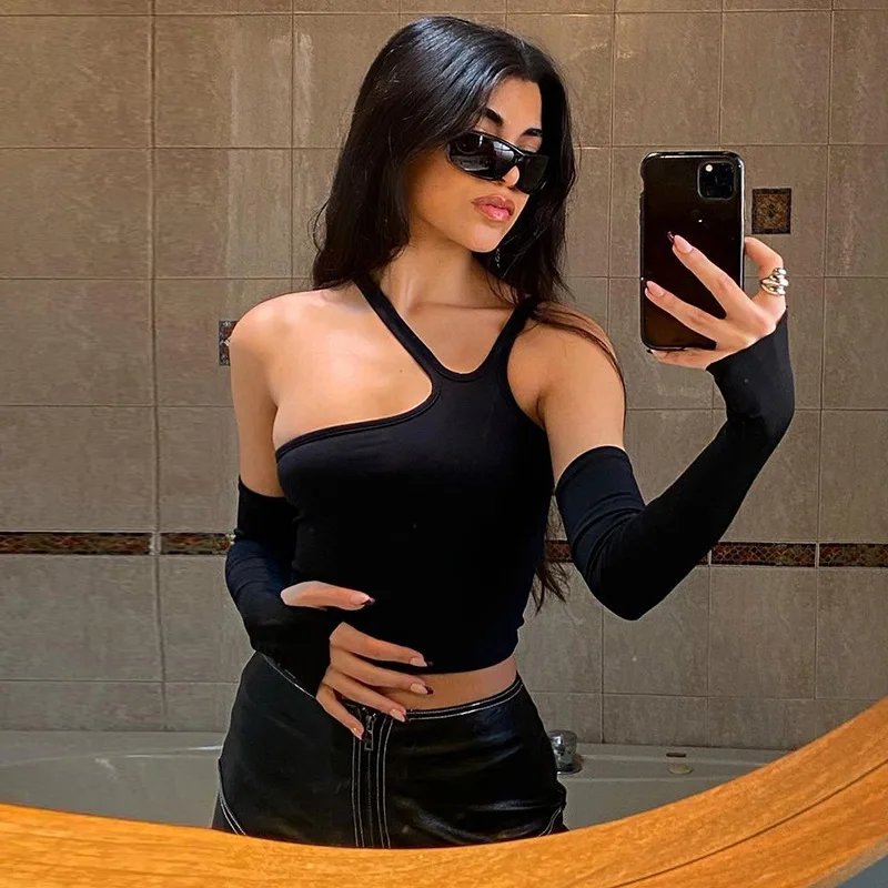 Jesienna moda na co dzień Slim solidne odpinane rękawy Halter T Shirt dla kobiet nowa odzież uliczna dziki podstawowy top damski Hot