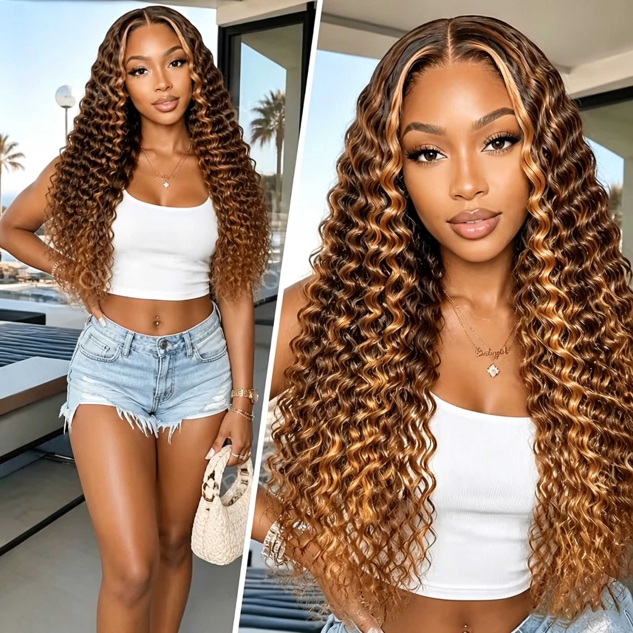 Highlight Ombre Lace Front Wig Human Hair Pre Plucked 13x4 HD Lace Frontal Wig 4/27 Deep Wave Wigs Human Hair Ombre Brown Blonde Wig 220% Density