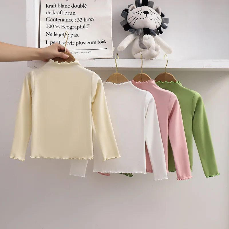 

Autumn and Winter New Girls' Long-sleeve Basic T-shirt with Ruffled Edges, Solid Color, 100% Cotton Brushed Soft and Warm