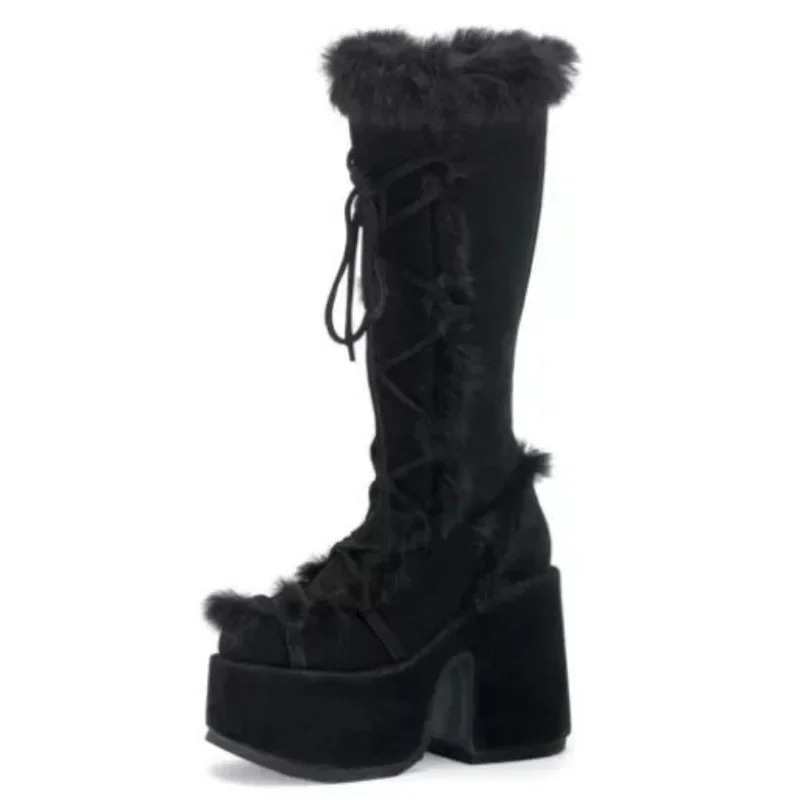 New Winter Women Snow Boots Platform Wedge High Heel Faux Fur Lady Shoes Female Plush Warm Non-slip Mid Calf Boots Goth Shoes