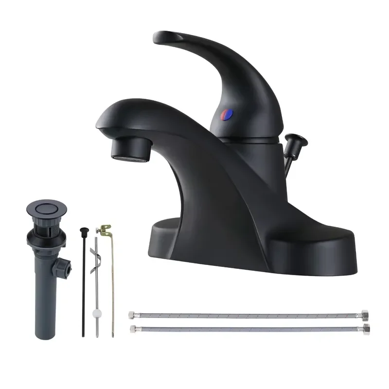Black Bathroom Faucet One Handle 4 Inch Centerset Bathroom Faucets with Lift Rod Drain Assembly Water Taps for Bathroom