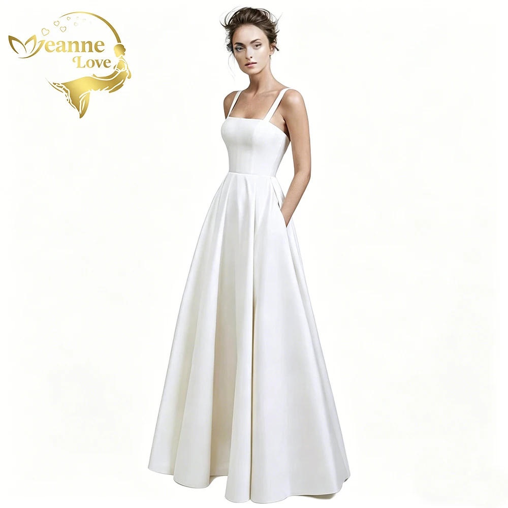 

Jeanne Love Satin Wedding Dress Square Neck A-Line Bridal Gown with Pockets Simple Sleeveless Formal Evening Dress for Bride