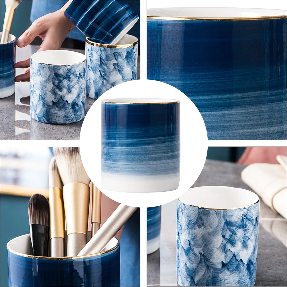 

Round Ceramic Pencil Holder Smooth Flat Bottom Pen Storage Container for Cosmetics Office Home Use Elegant Nordic Style